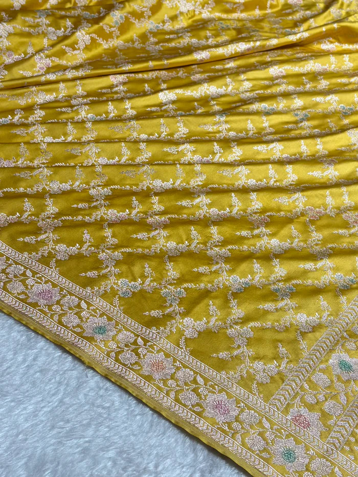 Mustard Banarasi Jaal With Meenakari Pattern Mashru Katan Silk Saree