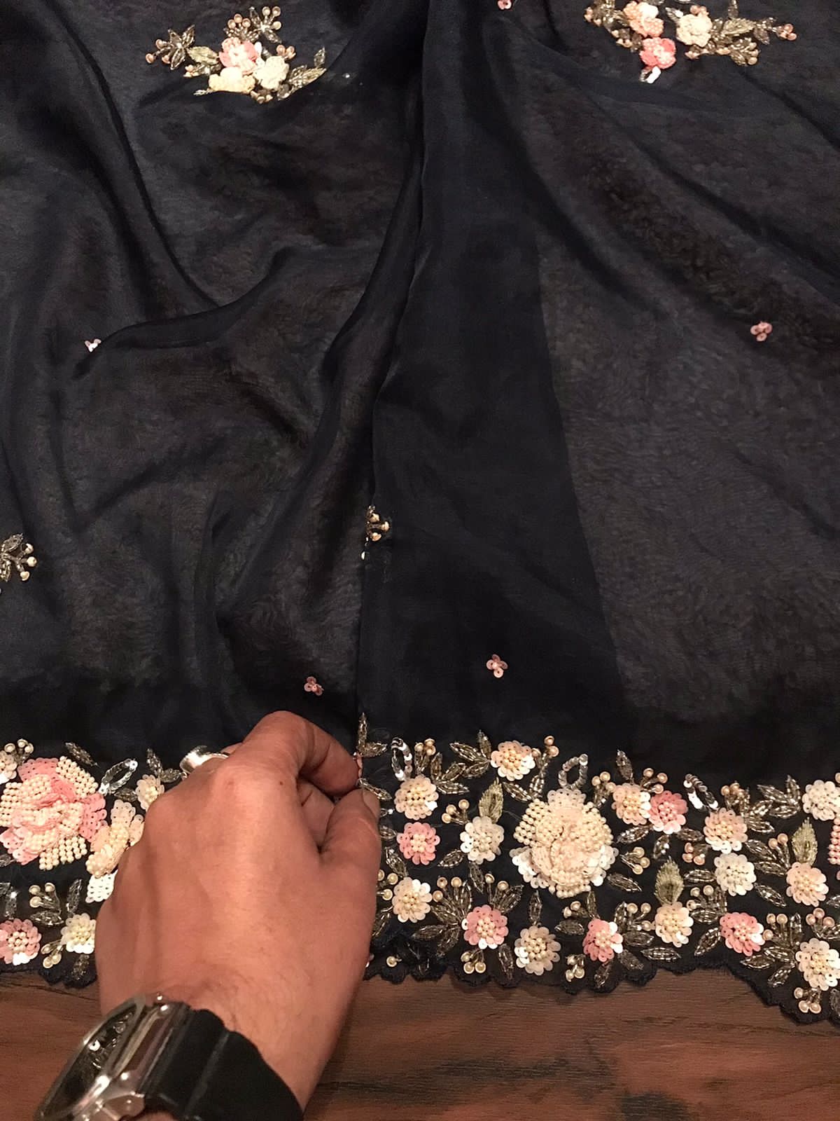 Navy Blue Premium Pure Organza Silk Saree with Resham & Pearl Sequins Handwork