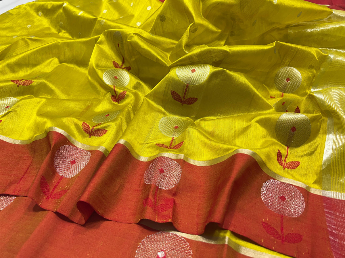 Chanderi Handloom Pattu Silk Saree – Meenakari Butta Border & Zari Striped Pallu