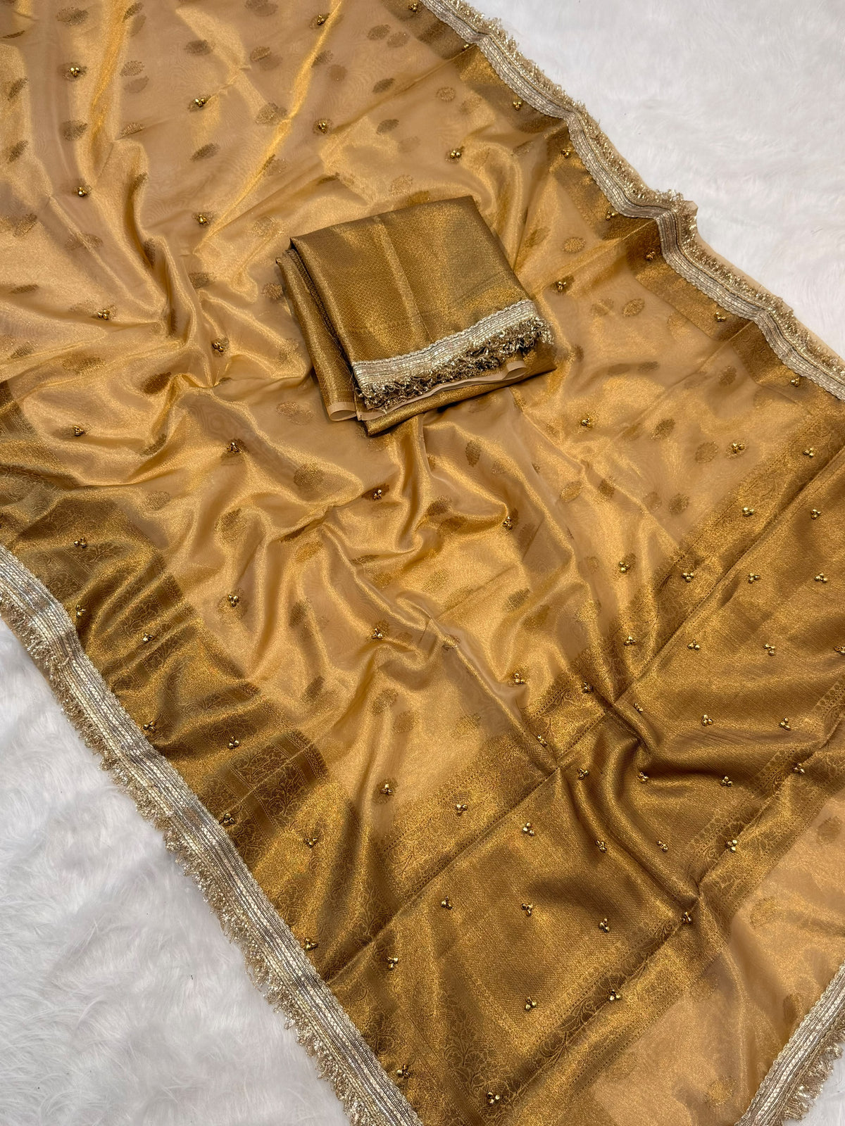 Trending Banarasi Copper Tissue Silk Saree with Ghungroo Work
