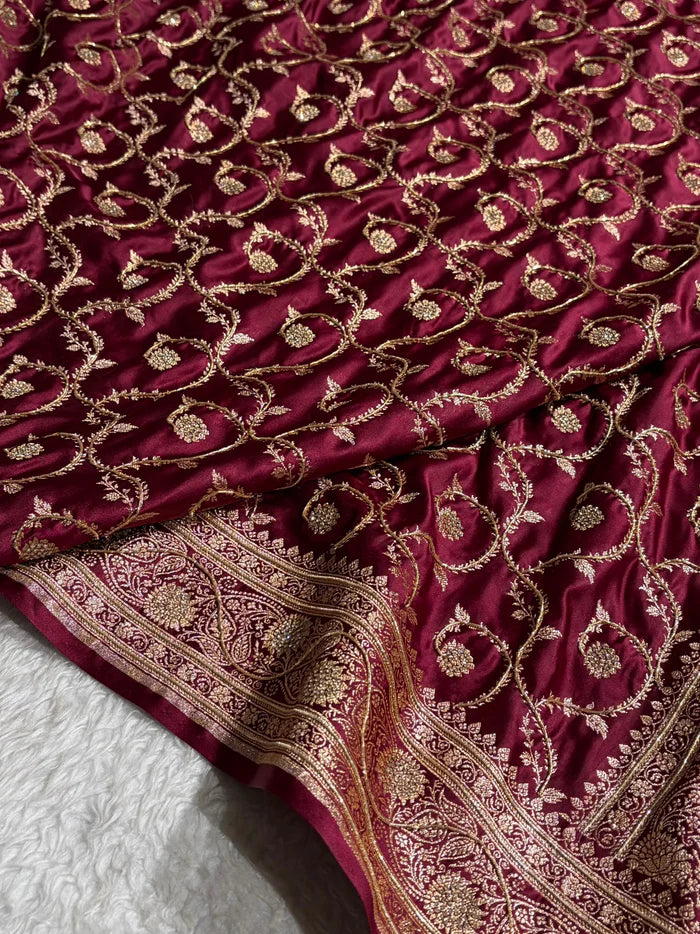 Banarasi Chocolate Shade Satin Katan Silk Saree with Swarovski & Zardozi Work