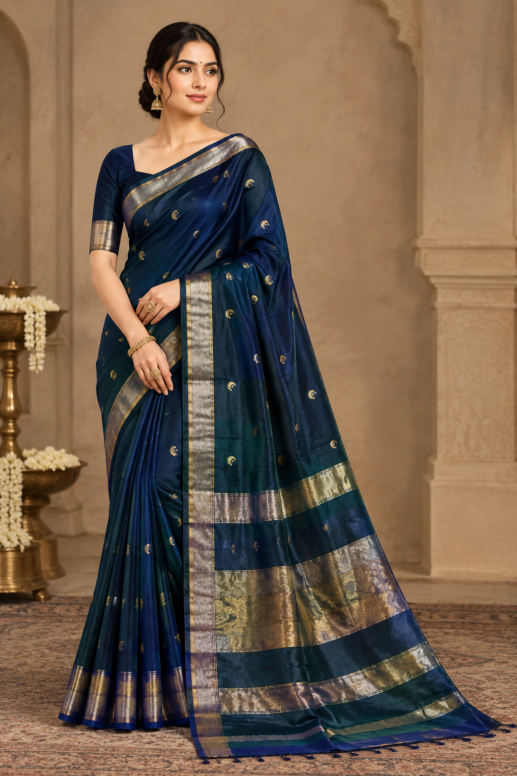 Maheshwari Handloom Silk Cotton Saree with Golden Zari Border