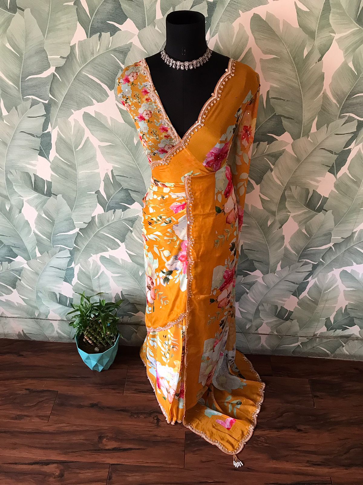 Premium Pure Chinnon Silk Floral Handwork Saree