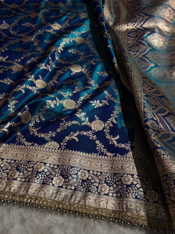 Graceful Peacock Jaal Satin Katan Silk Saree with Gotta Patti Work