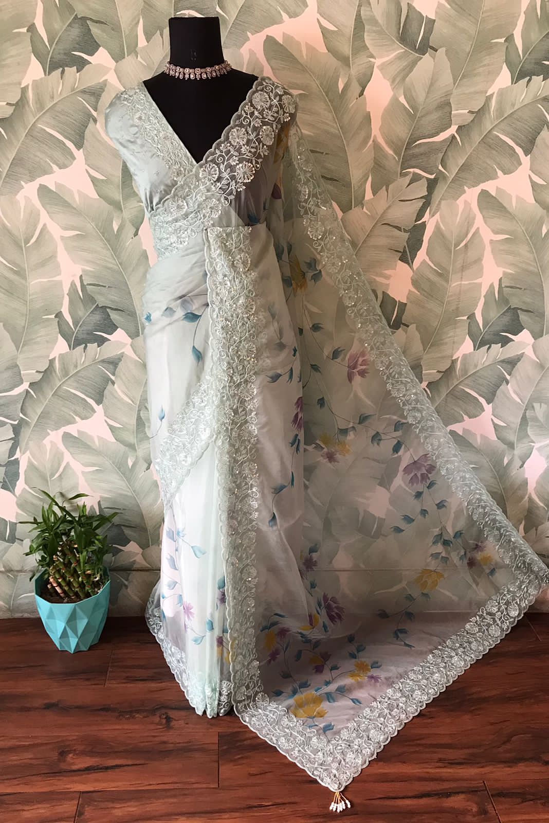 Premium Pure Organza Silk Handpainted & Handwork Saree