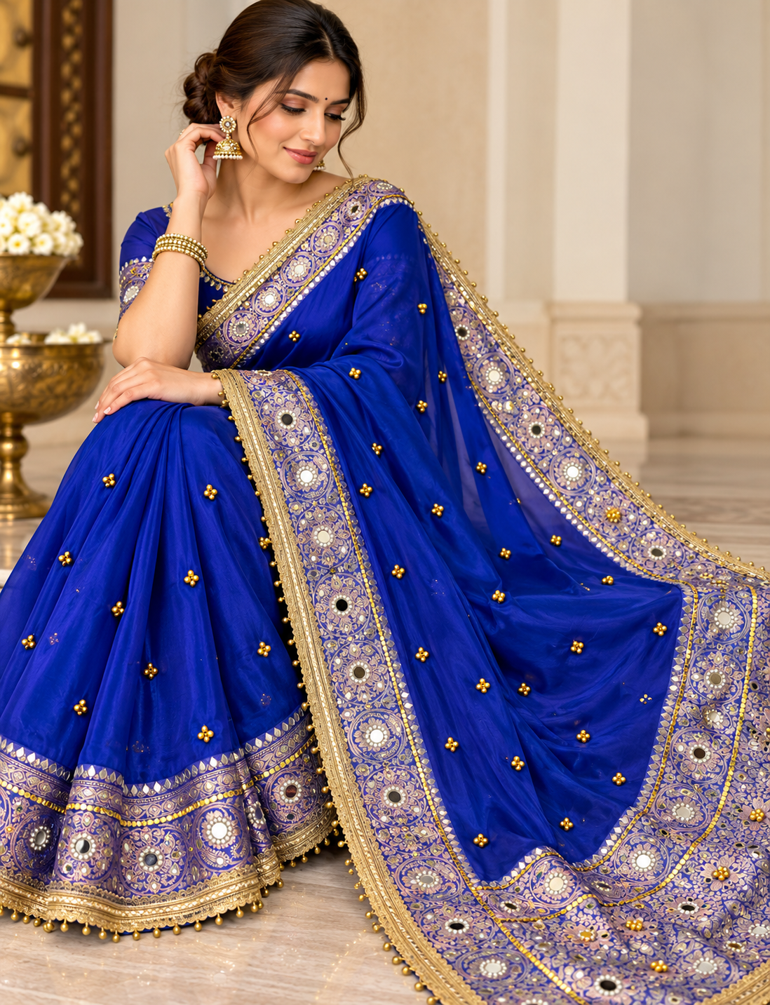Premium Banarasi Tissue Silk Saree – Exquisite Mirror, Stone & Ghungroo Embellishments