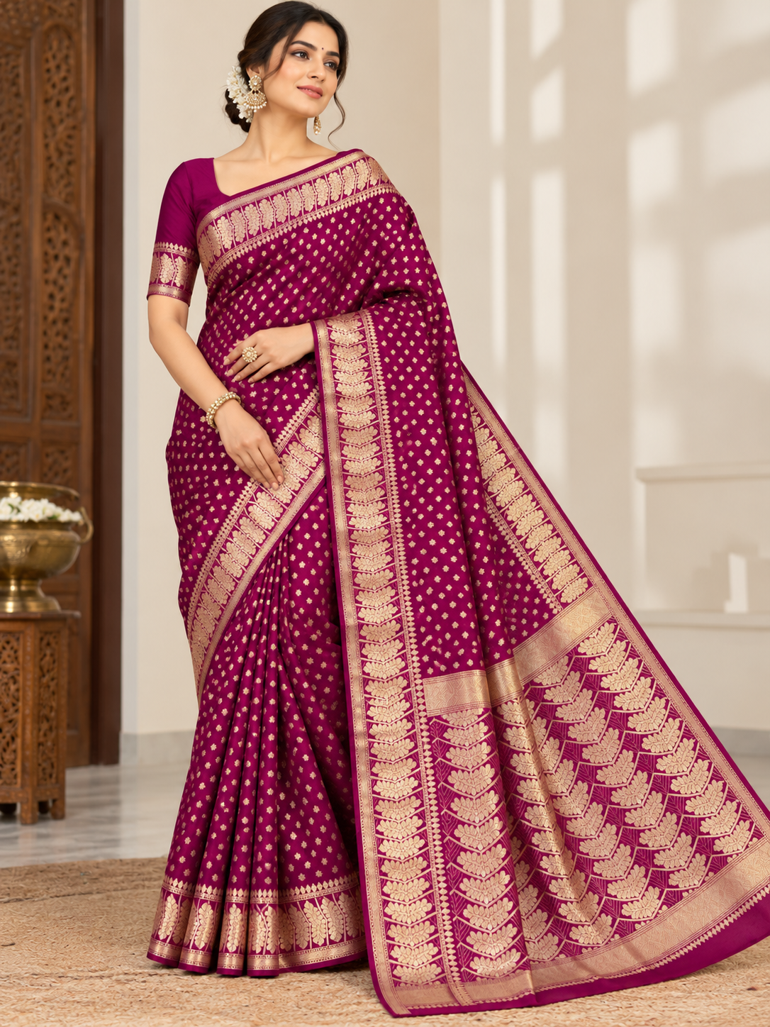 Banarasi Chiniya Katan Silk Saree – Timeless Elegance with Exquisite Booti Weaving