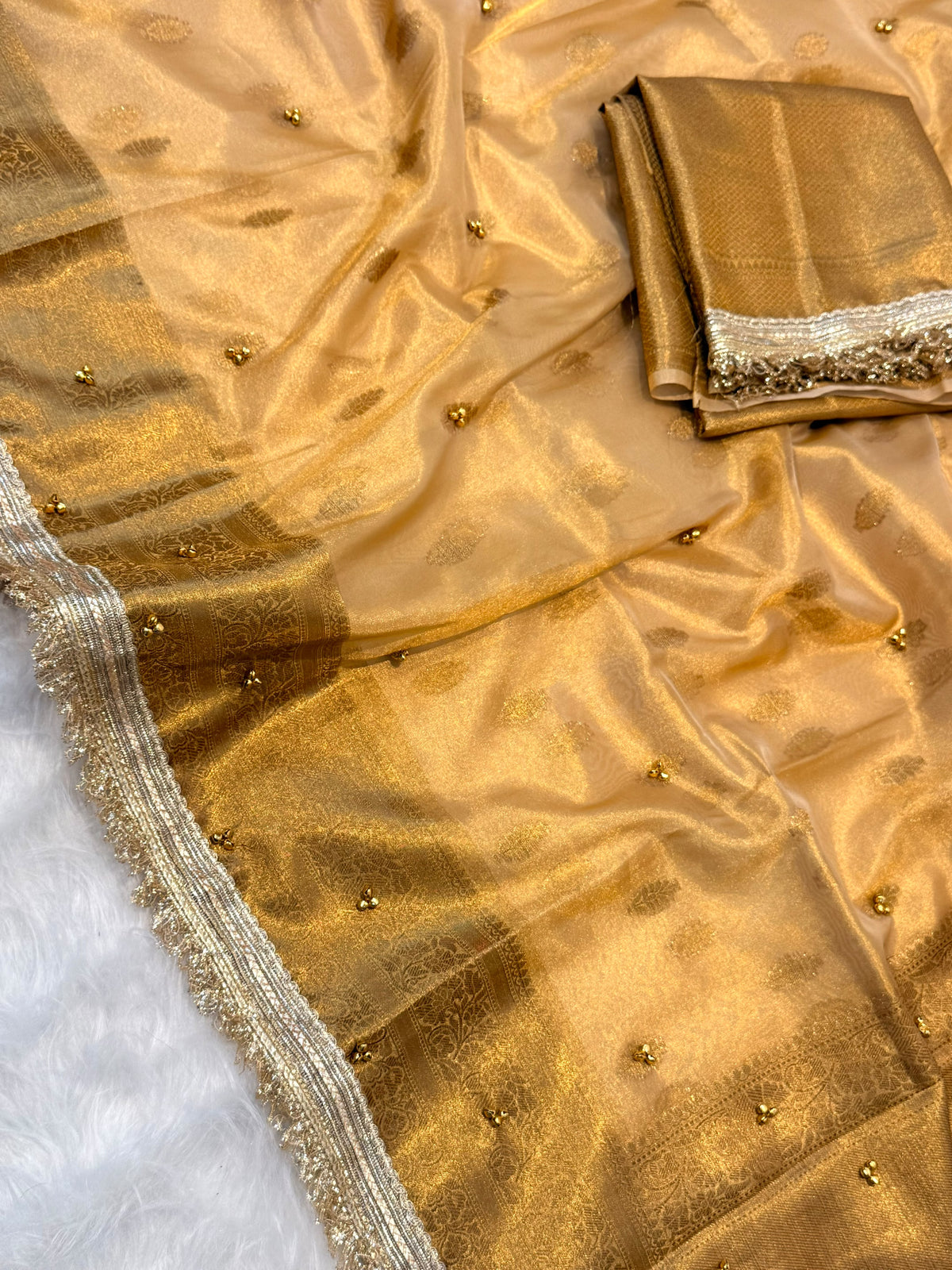 Trending Banarasi Copper Tissue Silk Saree with Ghungroo Work