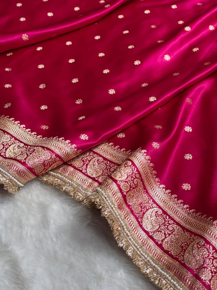 Banarasi Satin Katan Saree in Cross Rani Shade with Gotta Patti Boota