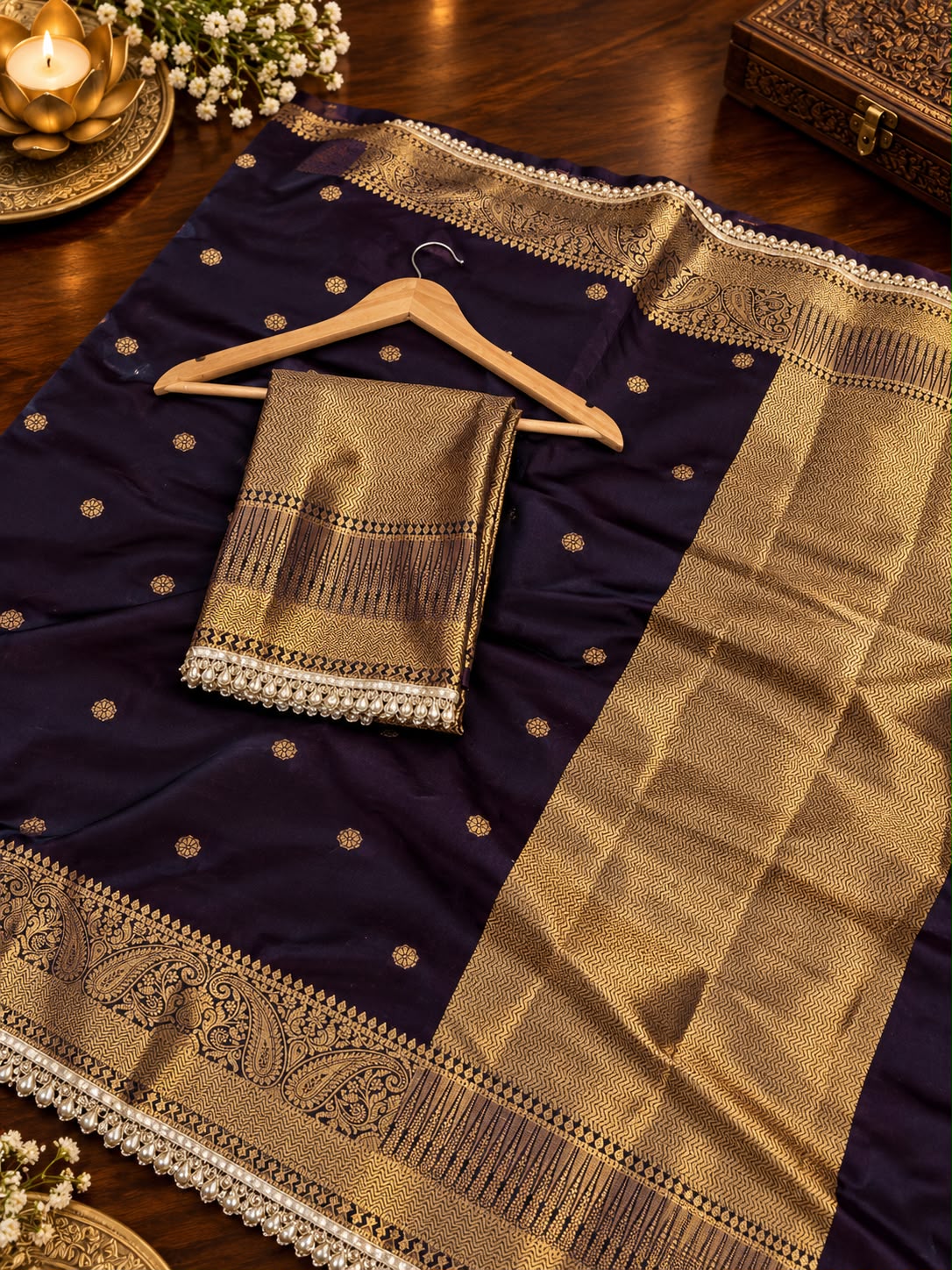 Elegant Banarasi Semi Katan Silk Saree with Pearl Lace
