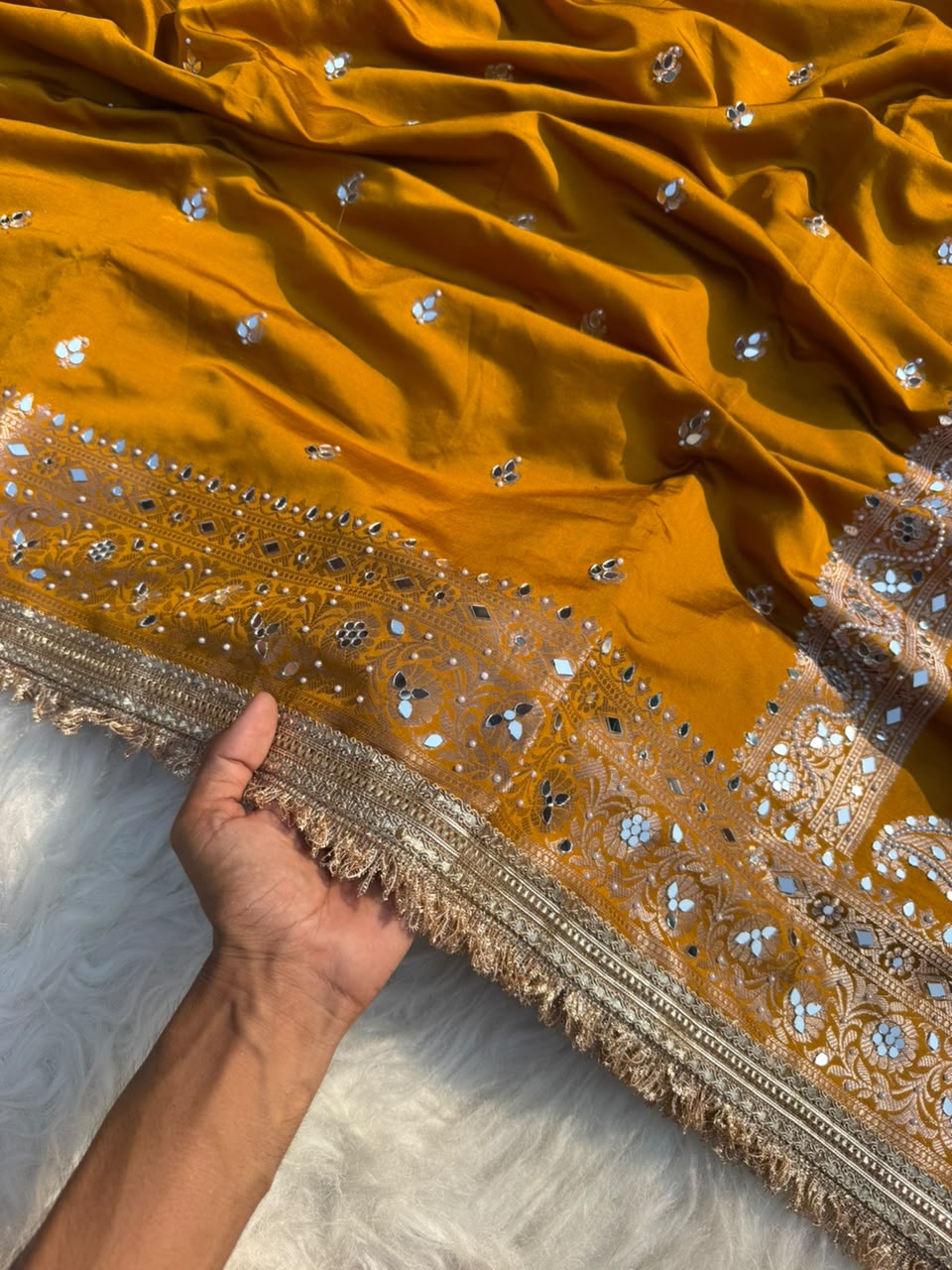 Beautiful Soft Katan Silk Woven Mirror Handwork Party Wear Saree with Designer Lace Border
