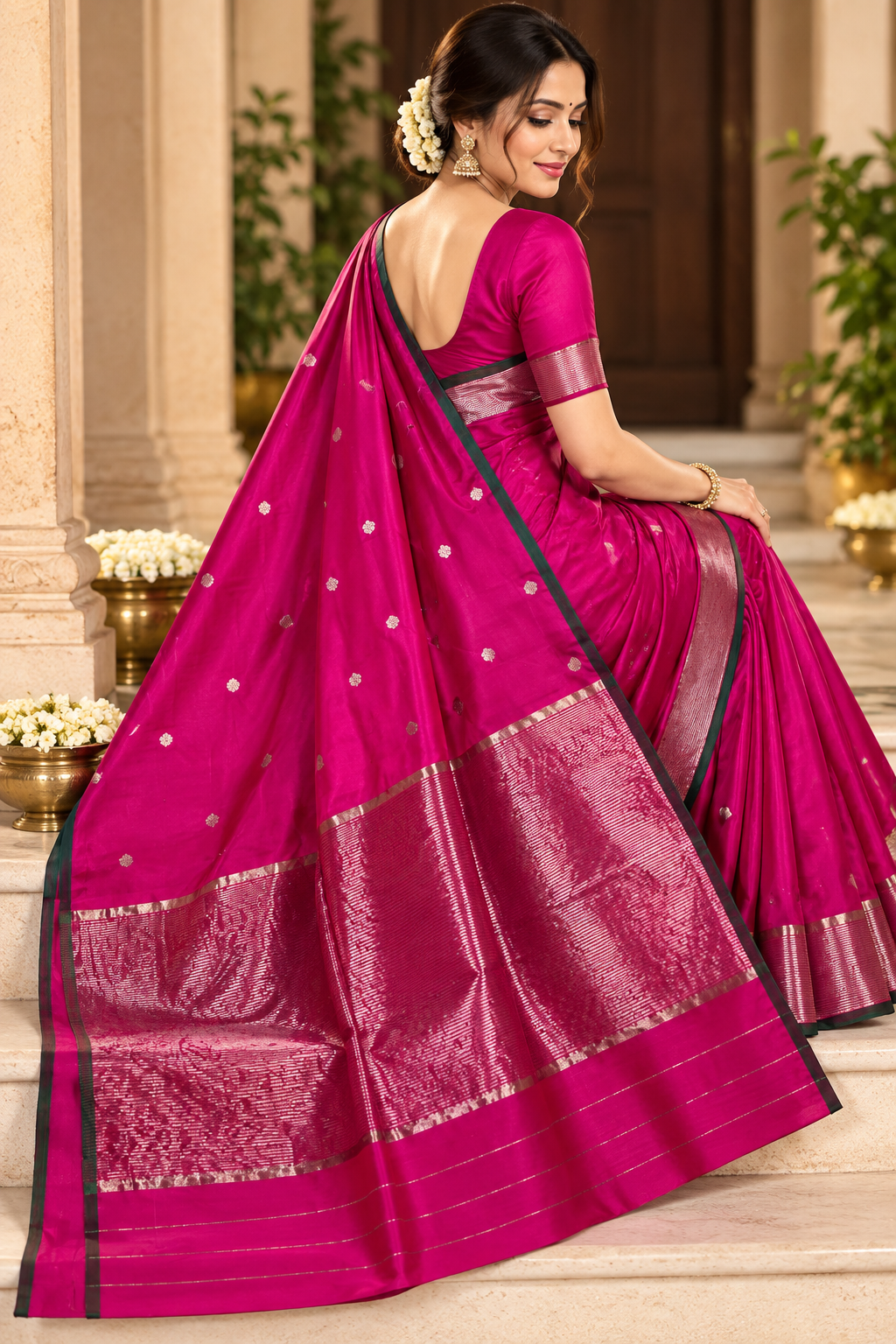 Chanderi Handloom Pattu Silk Saree – All-Over Butta & Zari Striped Pallu