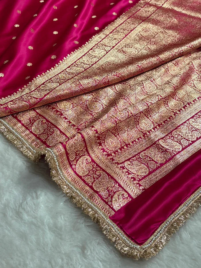 Banarasi Satin Katan Saree in Cross Rani Shade with Gotta Patti Boota