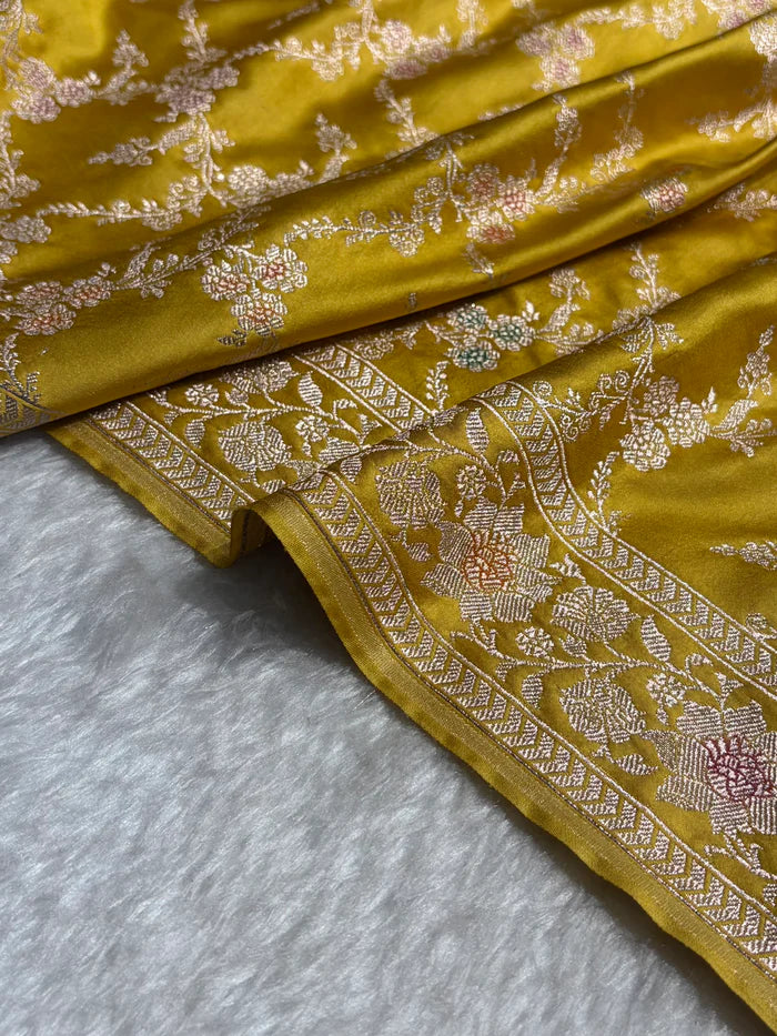 Mustard Banarasi Jaal With Meenakari Pattern Mashru Katan Silk Saree