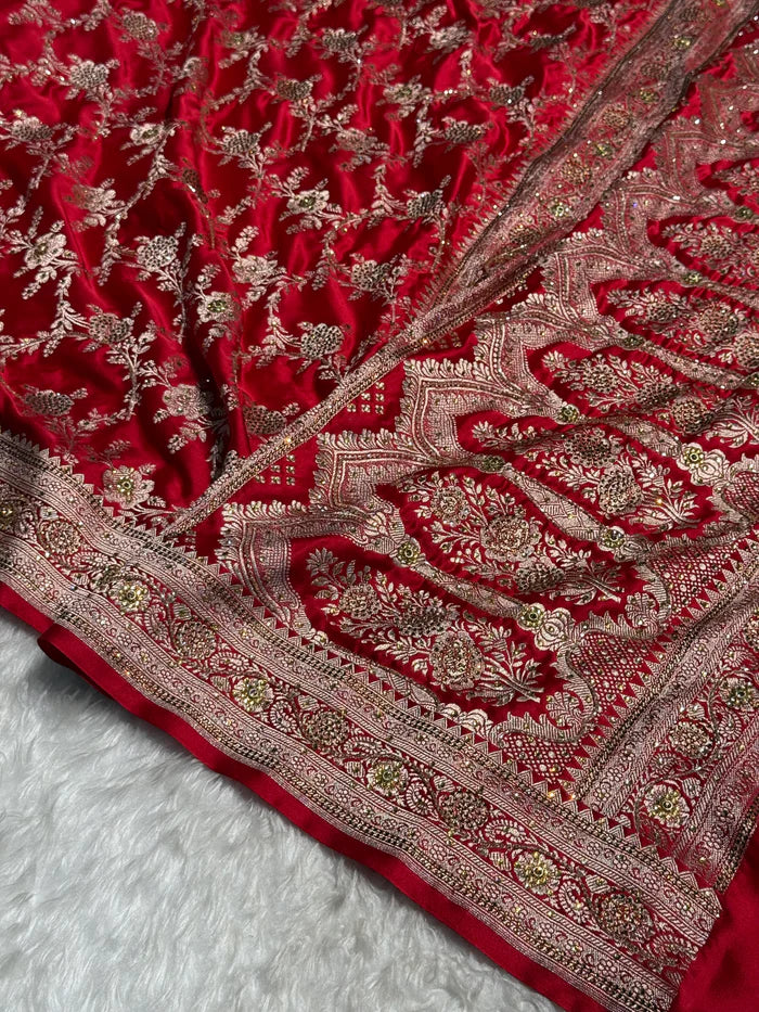 Luxurious Red Satin Katan Silk Saree with Ari & Swarovski Work