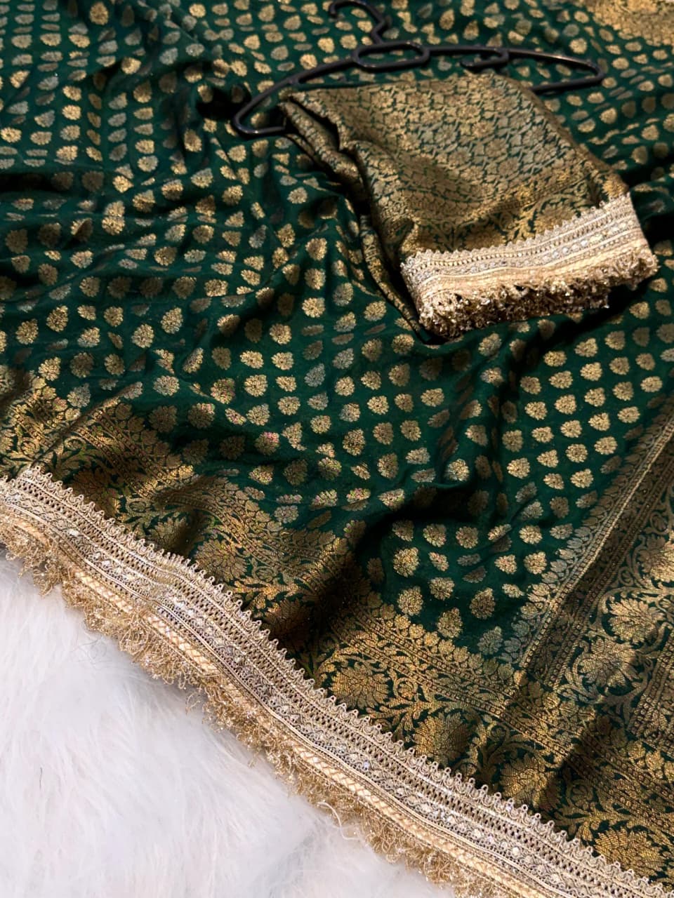 Regal Banarasi Soft Warm Silk Saree with Elegant Booti Work & Lace Detailing