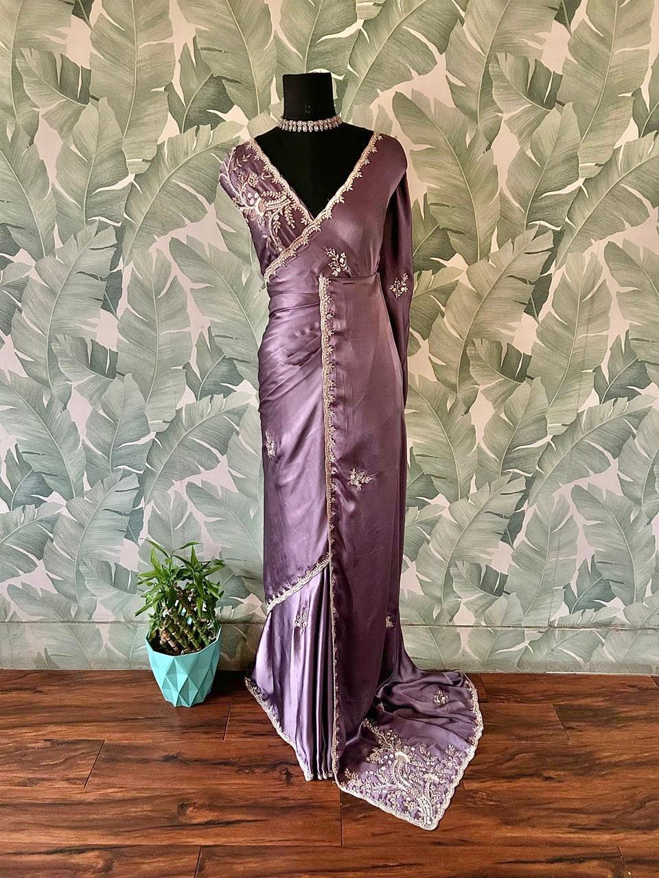 Premium Satin Silk Saree with Sequins & Stone Cut-Daana Handwork