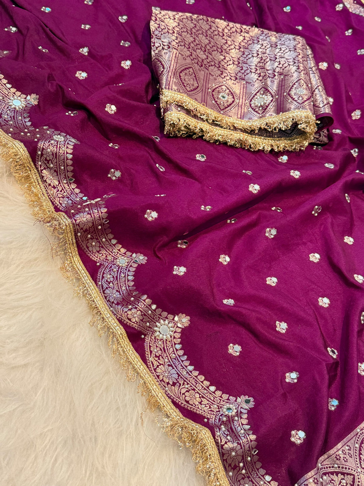 Elegant Soft Chiniya Katan Silk Saree with Mirror & Stone Work