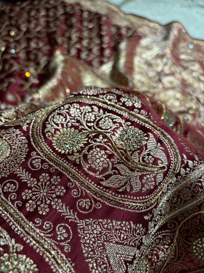 Banarasi Chocolate Shade Satin Katan Silk Saree with Swarovski & Zardozi Work