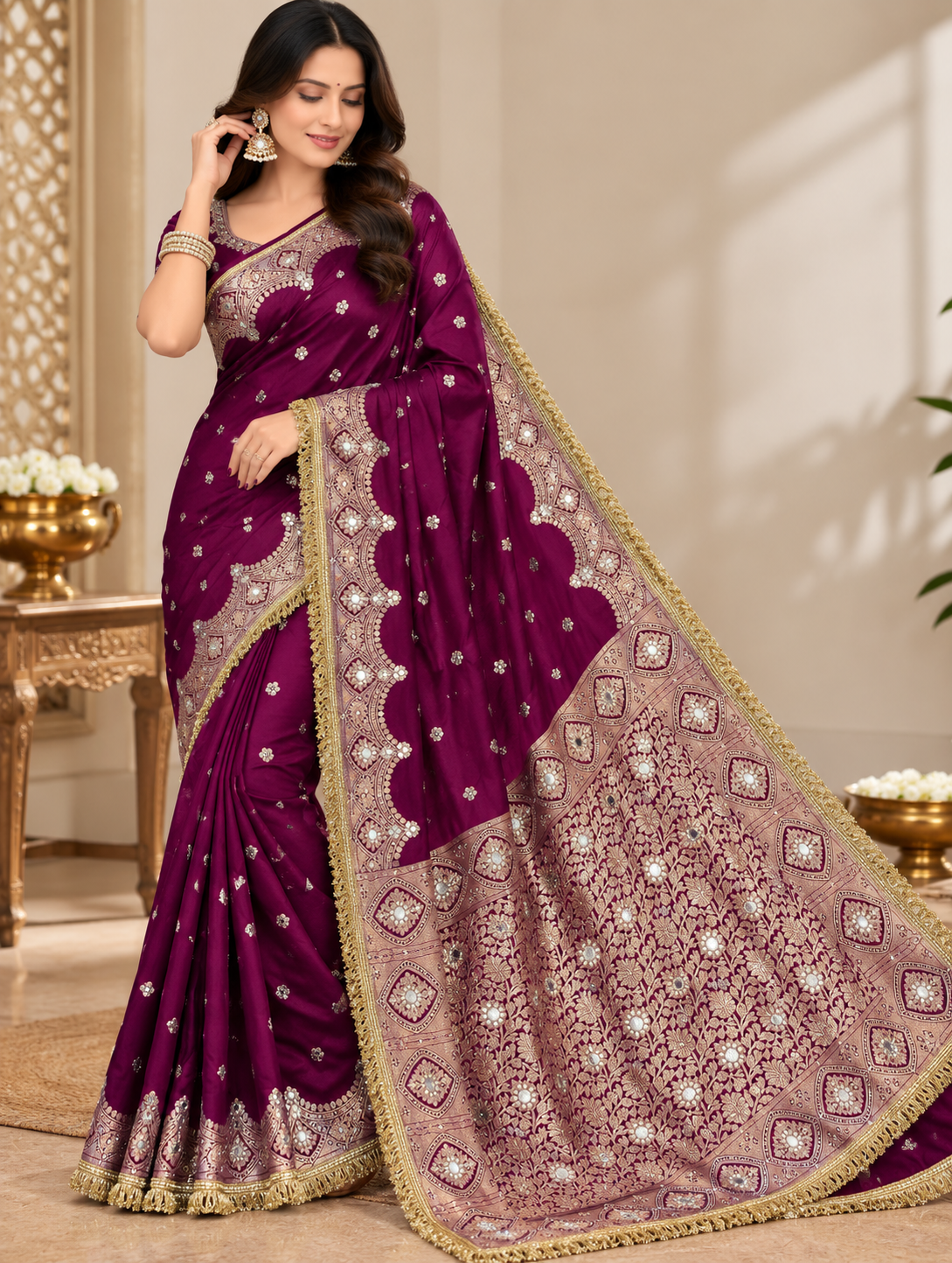 Elegant Soft Chiniya Katan Silk Saree with Mirror & Stone Work