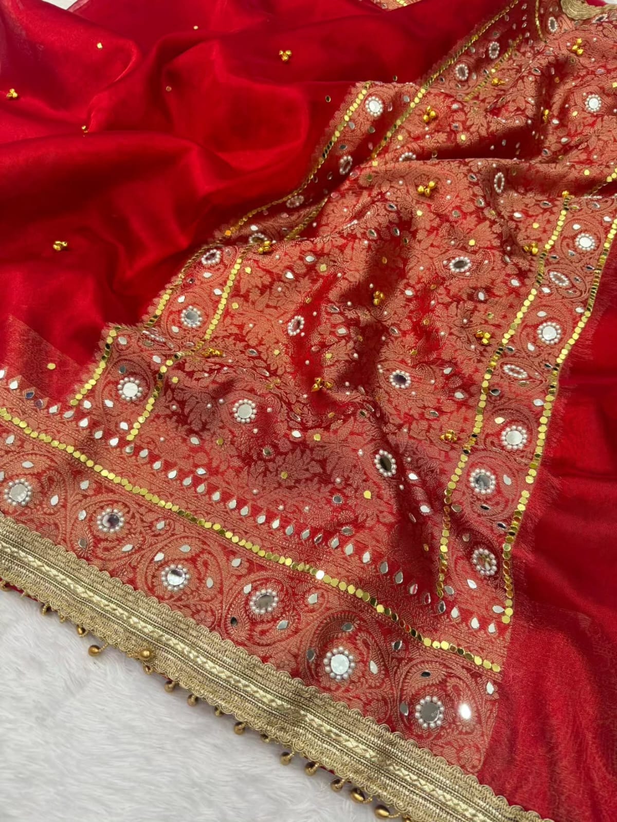 Premium Banarasi Tissue Silk Saree – Exquisite Mirror, Stone & Ghungroo Embellishments