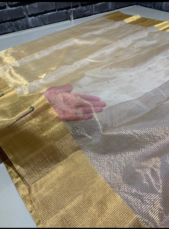 Handloom Chanderi Tissue Silk Saree with Zari Weaving & Muniya Border