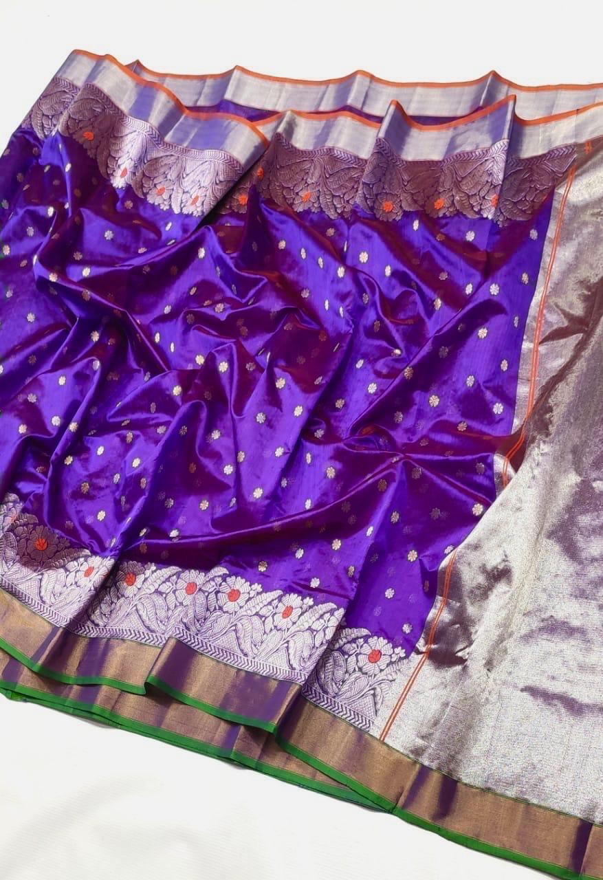 Chanderi Handloom Pattu Silk Saree – Ghani Butta, Meenakari Border & Taraz Pallu