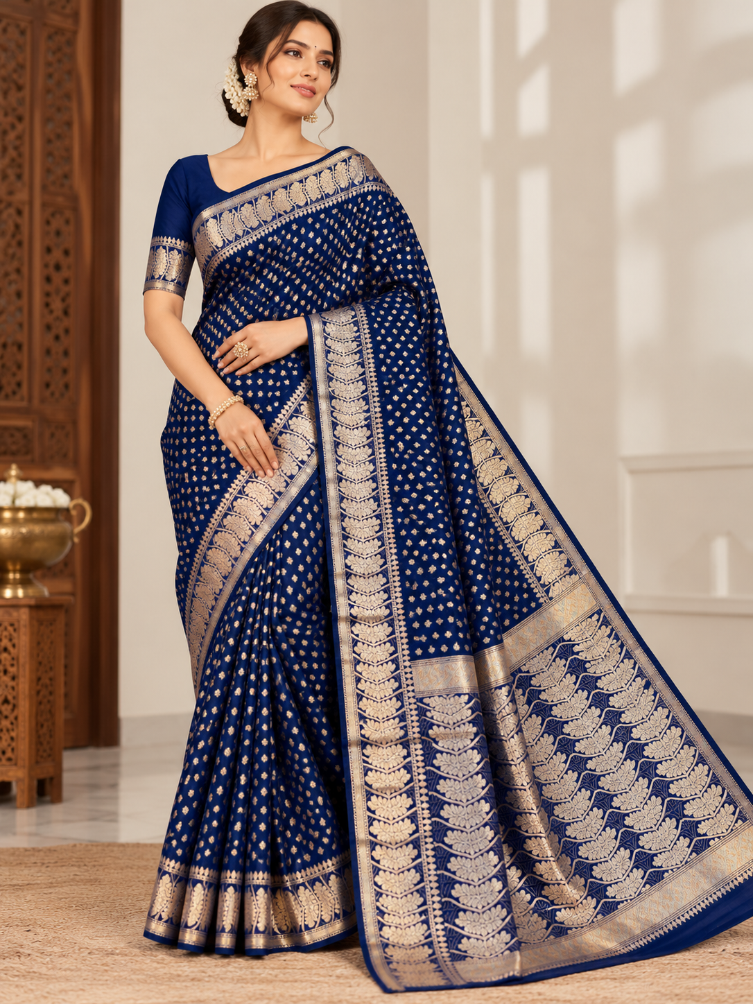 Banarasi Chiniya Katan Silk Saree – Timeless Elegance with Exquisite Booti Weaving