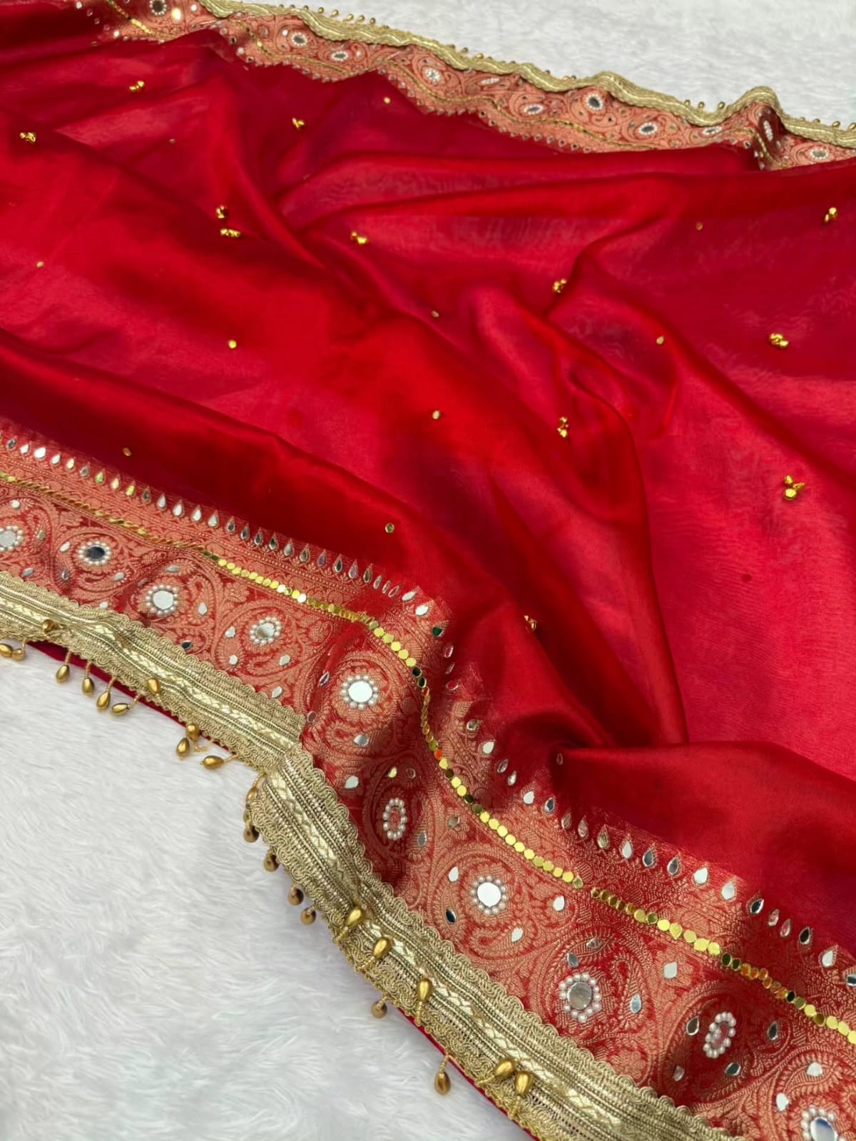 Premium Banarasi Tissue Silk Saree – Exquisite Mirror, Stone & Ghungroo Embellishments