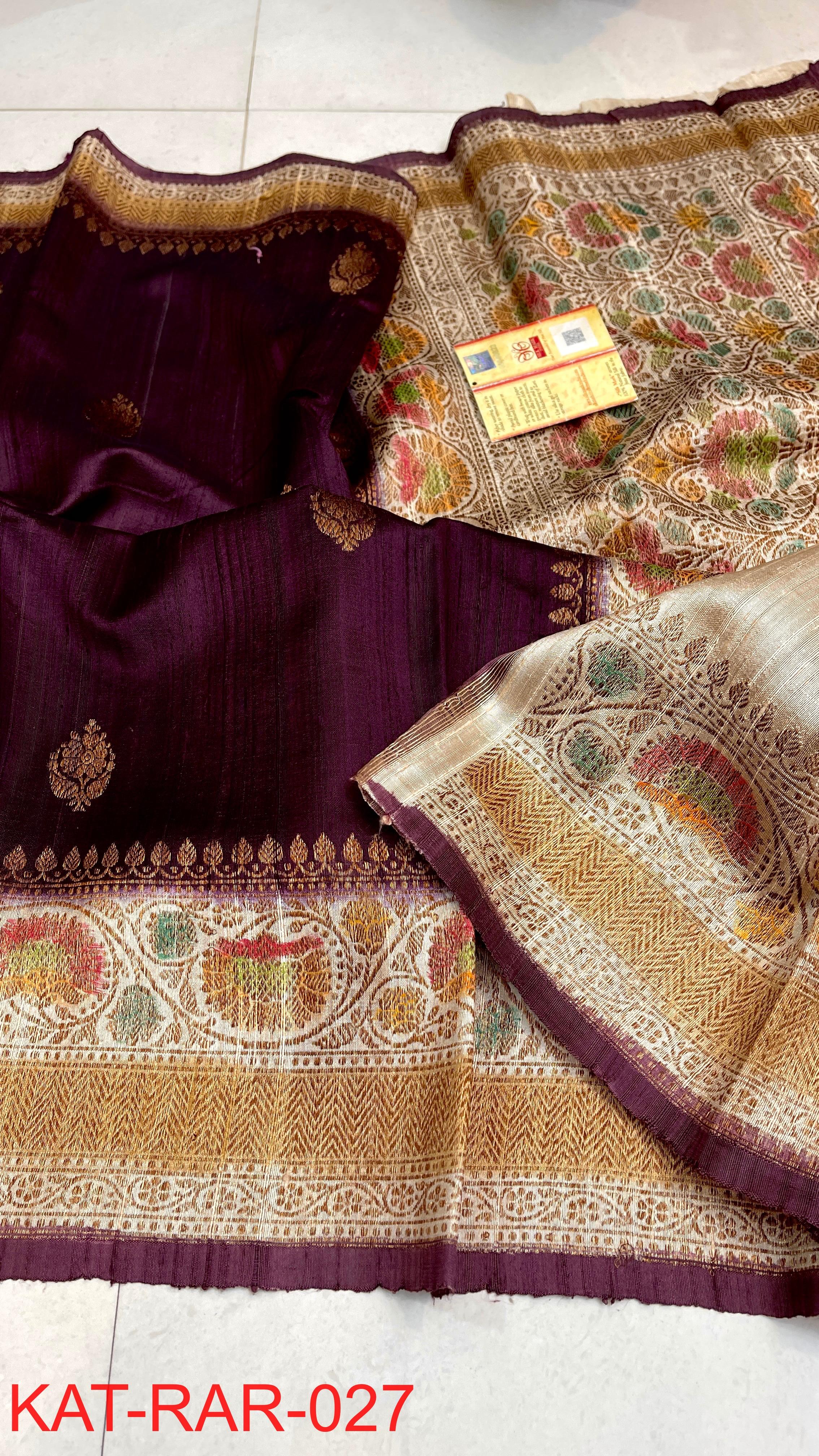 Pure Handloom Banarasi Raw Silk Saree with Handbrush Dye & Meenakari Kadhwa Weave