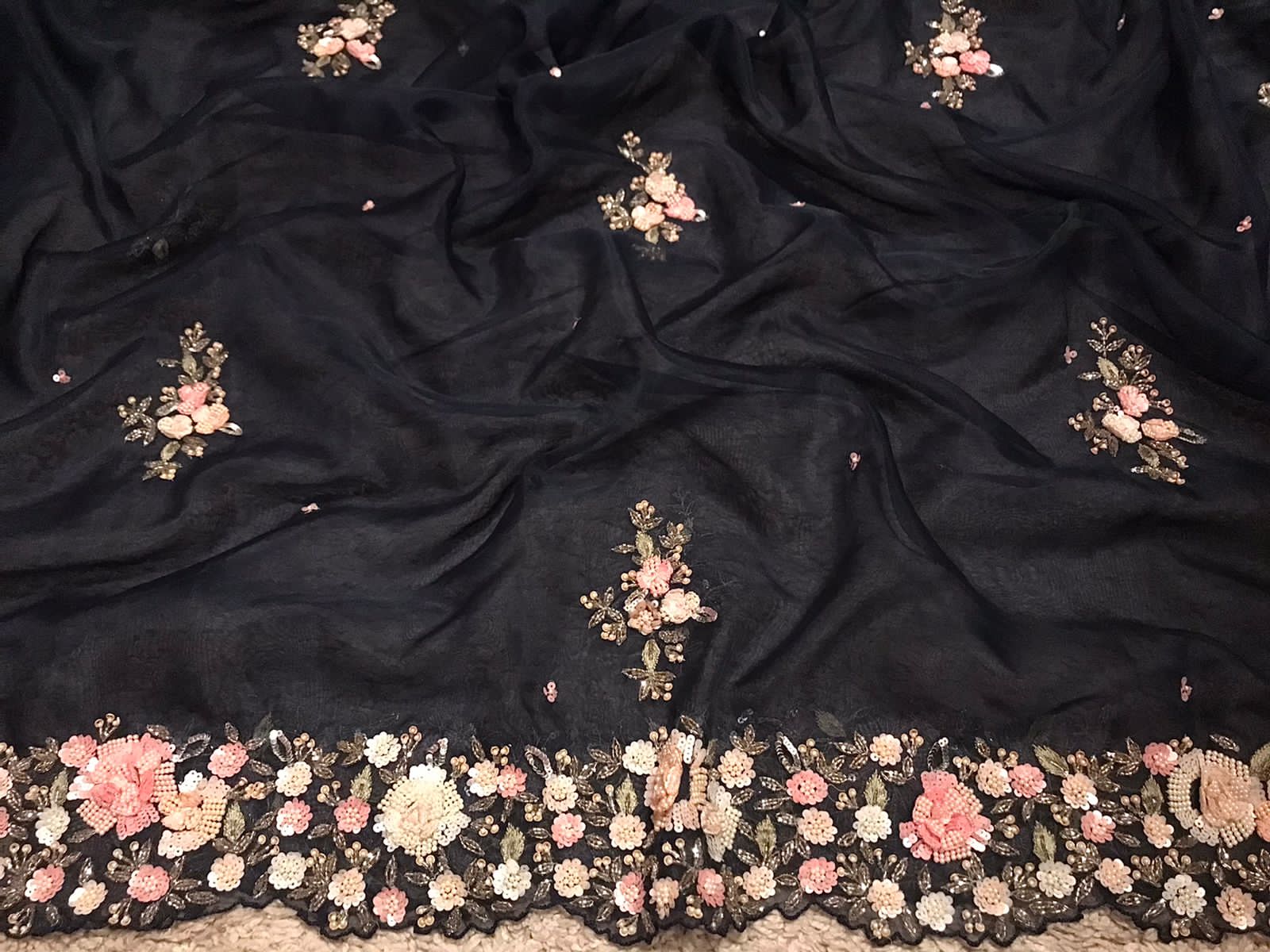 Navy Blue Premium Pure Organza Silk Saree with Resham & Pearl Sequins Handwork