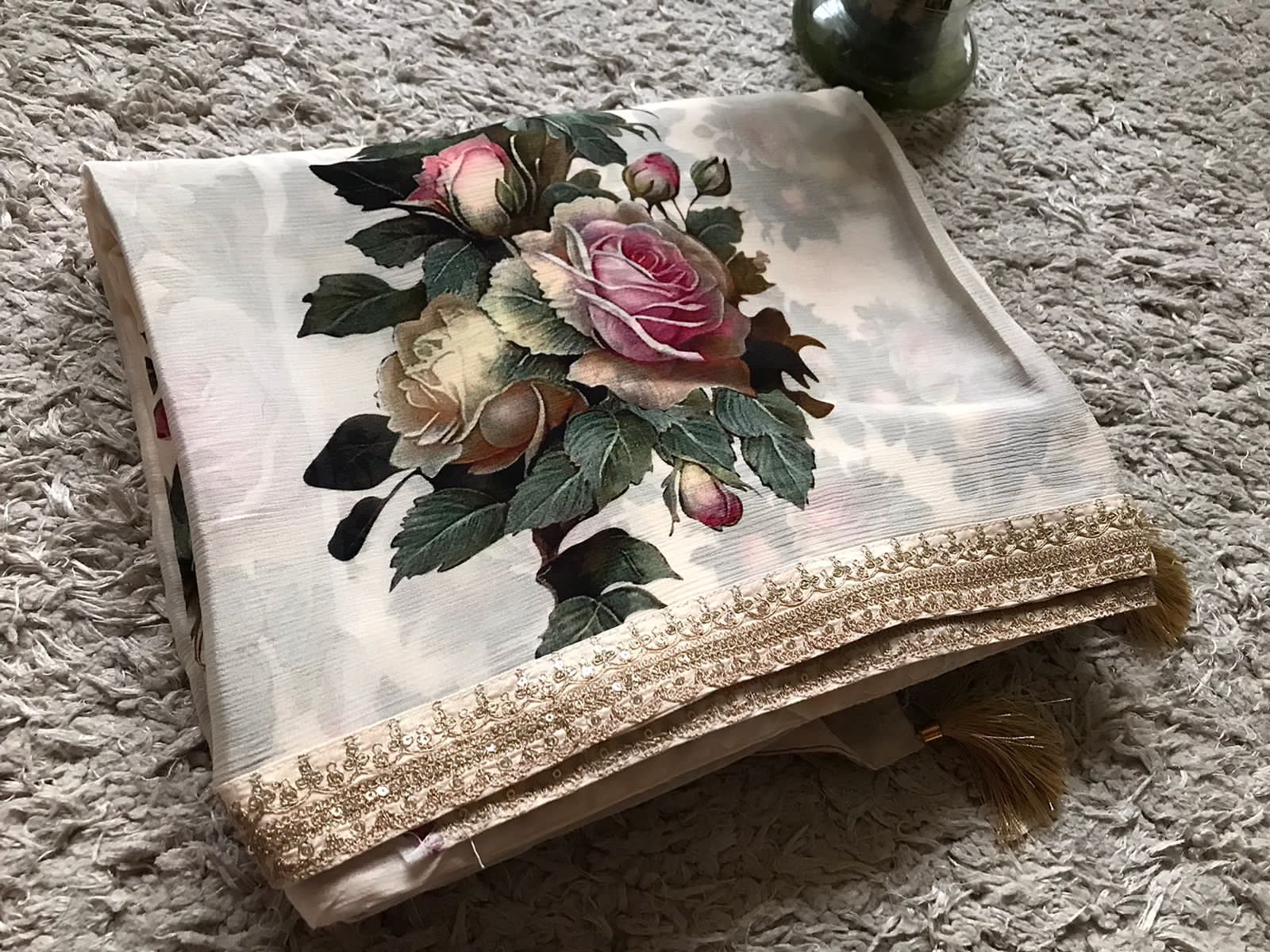 Sabyasachi Inspired Off White Pure Chinnon Silk Saree