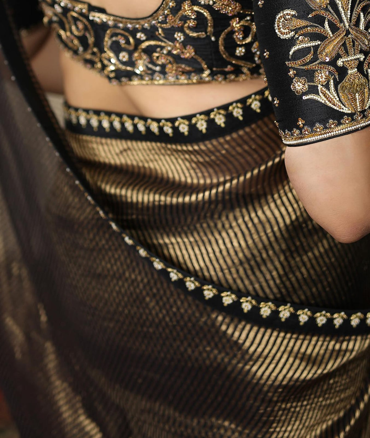 Celebrity-Inspired Banarasi Tissue Silk Saree with Elegant Zari Stripes