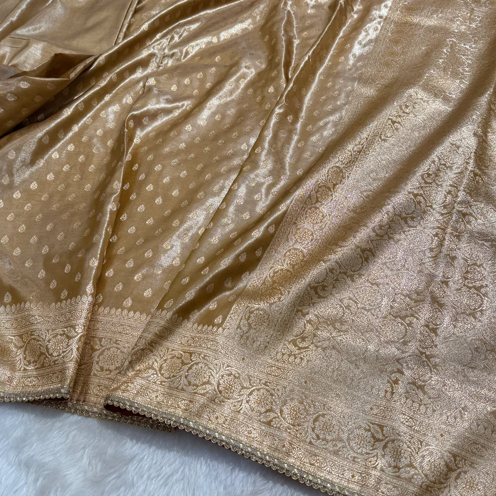 Elegant Beige Booti Satin Katan Silk Saree with Gotta Patti Work