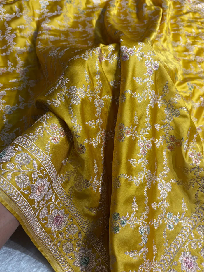 Mustard Banarasi Jaal With Meenakari Pattern Mashru Katan Silk Saree