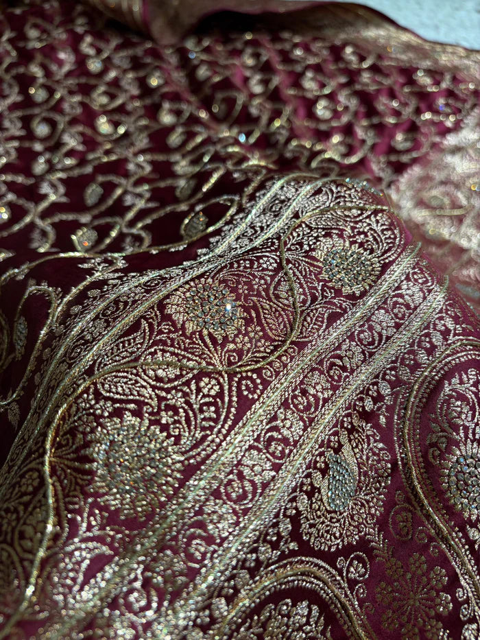 Banarasi Chocolate Shade Satin Katan Silk Saree with Swarovski & Zardozi Work