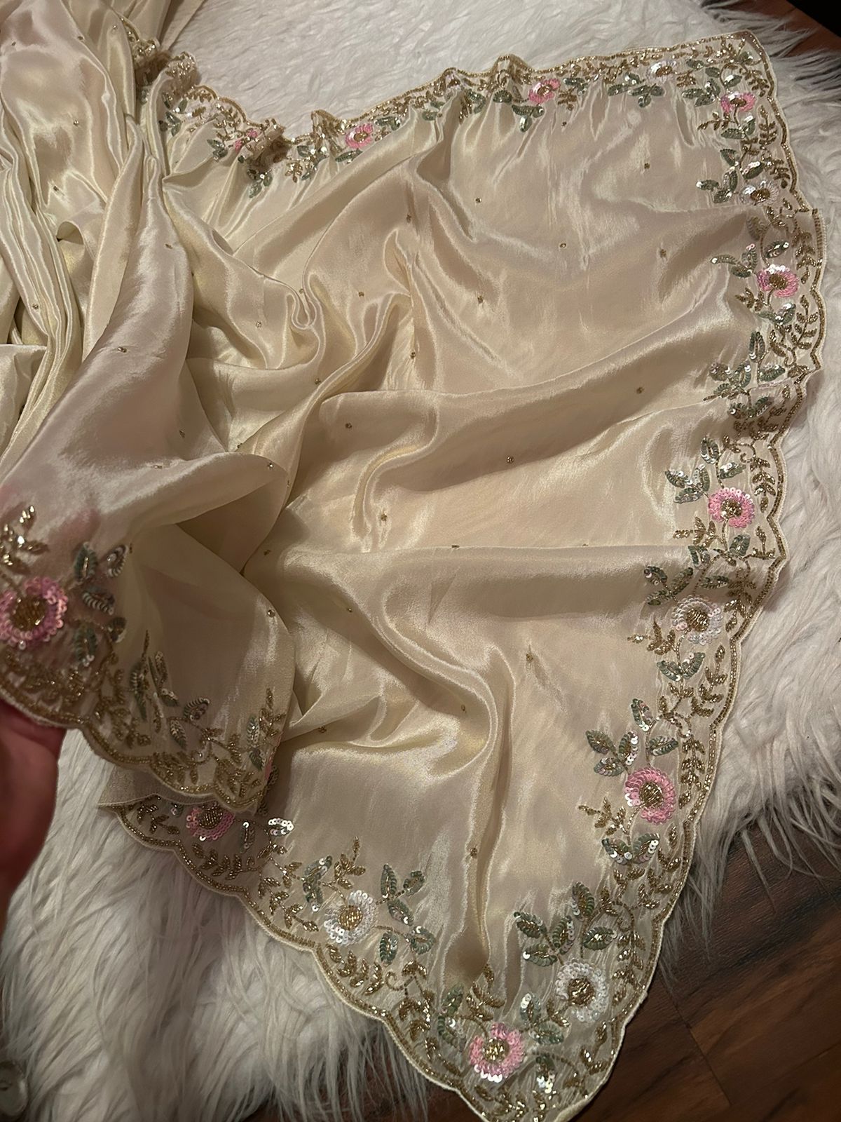 Rich Gold Premium Pure Shimmer Organza Tissue Silk Saree with Pearl Sequins Handwork