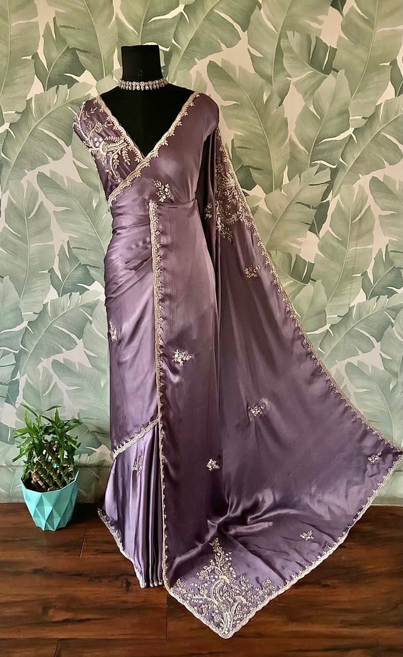 Premium Satin Silk Saree with Sequins & Stone Cut-Daana Handwork
