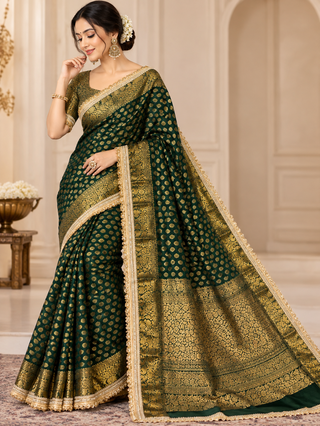 Regal Banarasi Soft Warm Silk Saree with Elegant Booti Work & Lace Detailing