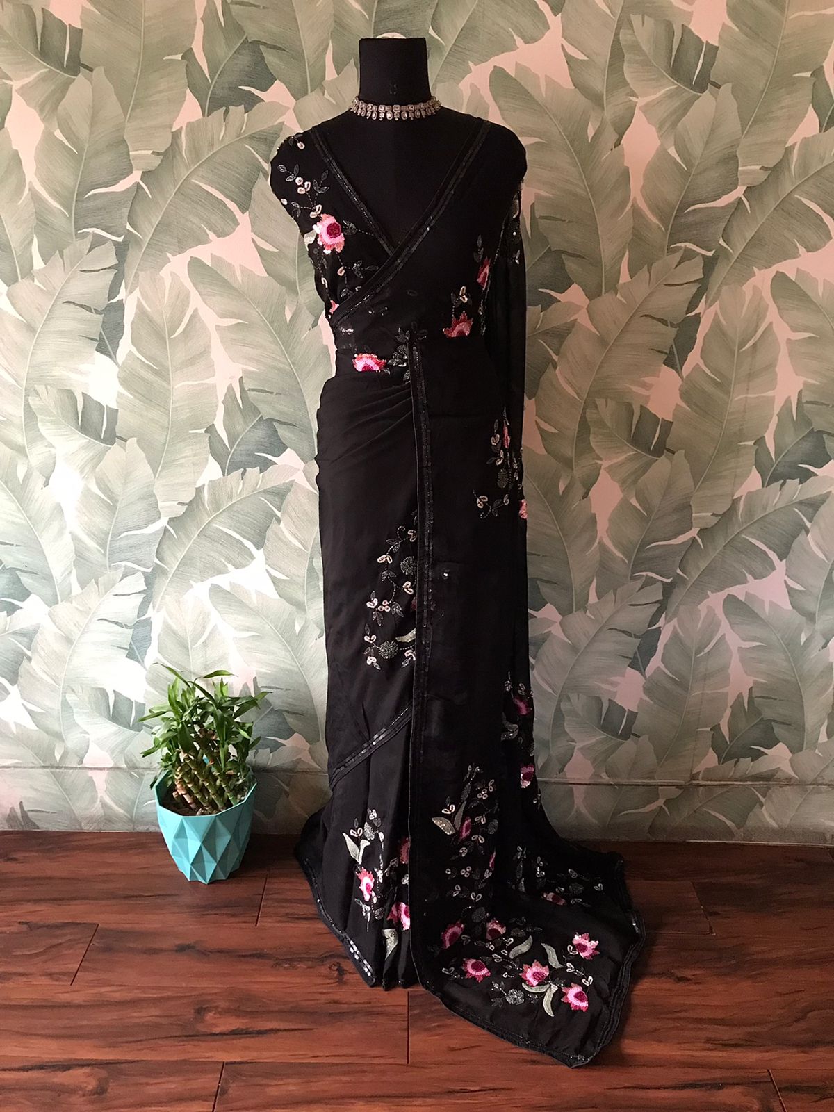 Black Beauty Premium Georgette Silk Handwork Saree