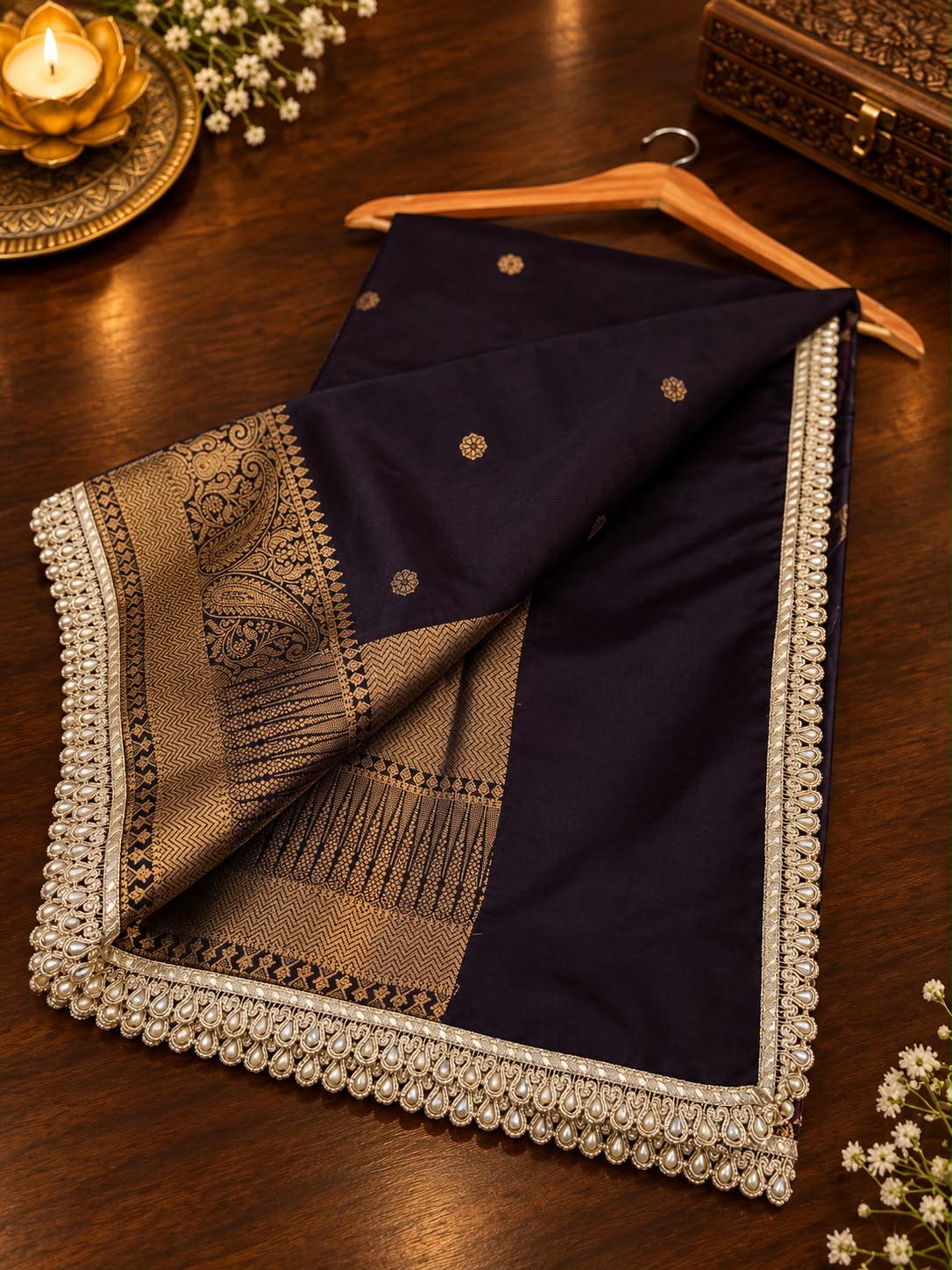 Elegant Banarasi Semi Katan Silk Saree with Pearl Lace