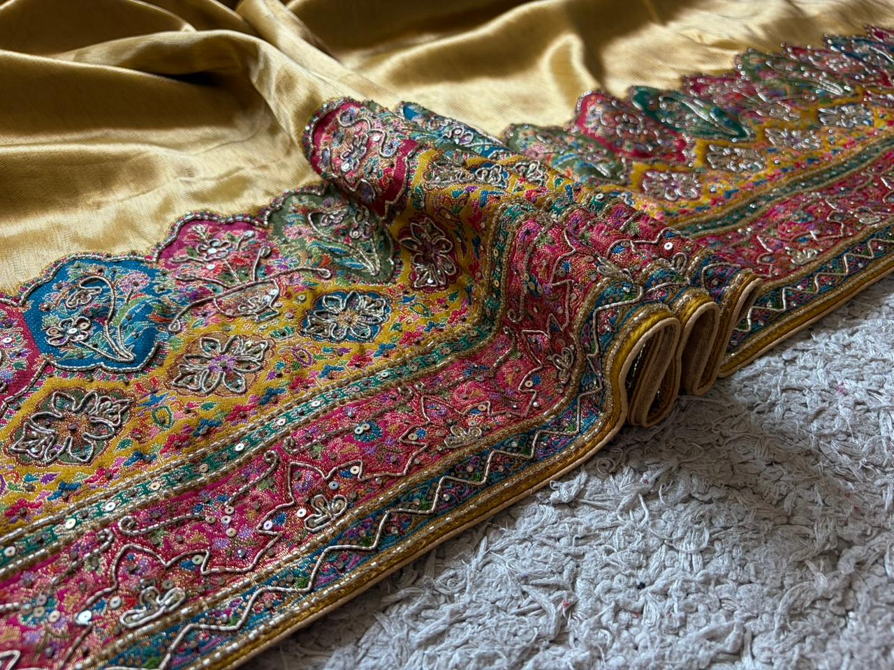 Heritage Kashmiri Pure Kani Silk Saree with Zari Weaving & Zardozi Handwork