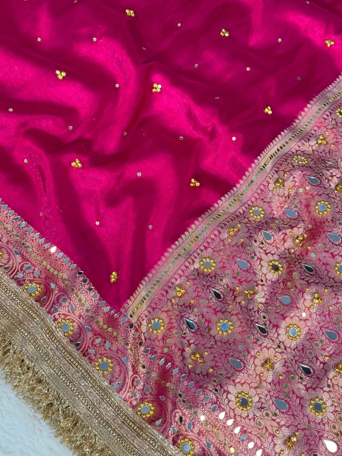 Pink Banarasi Tissue Silk Saree with Mirror, Stone & Ghungroo Work – Elegant Party Wear