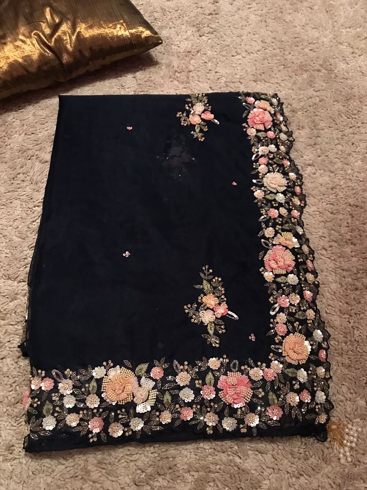 Navy Blue Premium Pure Organza Silk Saree with Resham & Pearl Sequins Handwork