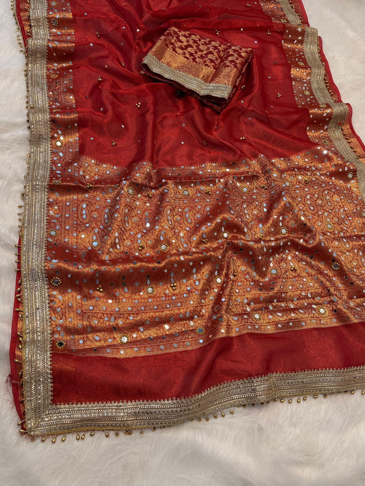 Premium Banarasi Tissue Silk Saree with Mirror, Stone & Ghungroo Work – Elegant Party Wear