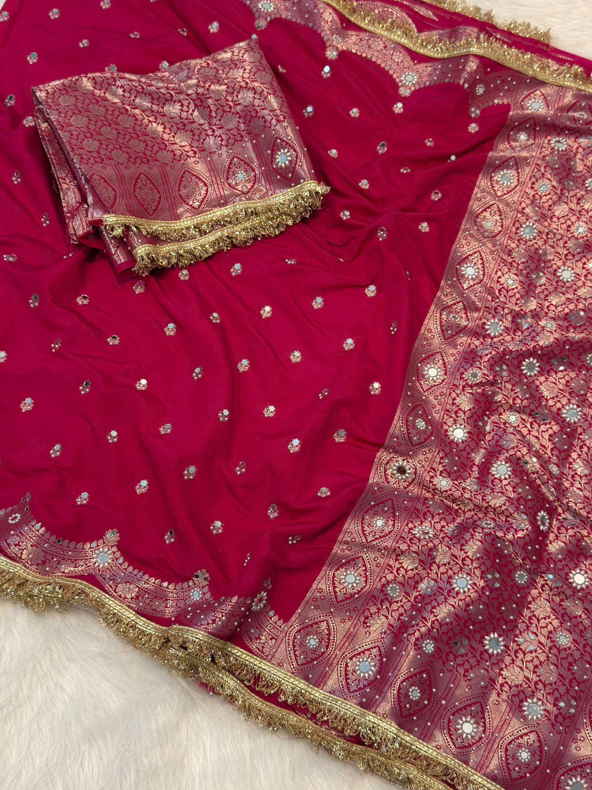 Elegant Soft Chiniya Katan Silk Saree with Mirror & Stone Work