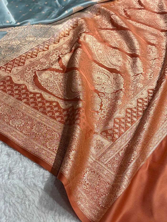Luxury Satin Katan Silk Saree in Sea Green with Delicate Peach Booti