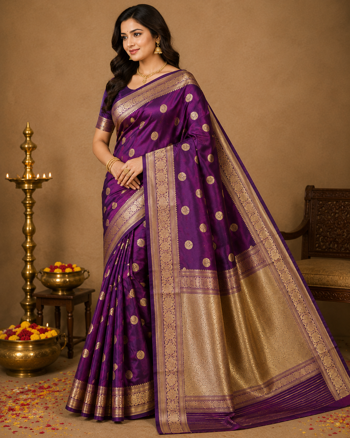 Royal Purple Pure Katan Silk Banarasi Zari Butti Woven Saree with Rich Gold Pallu