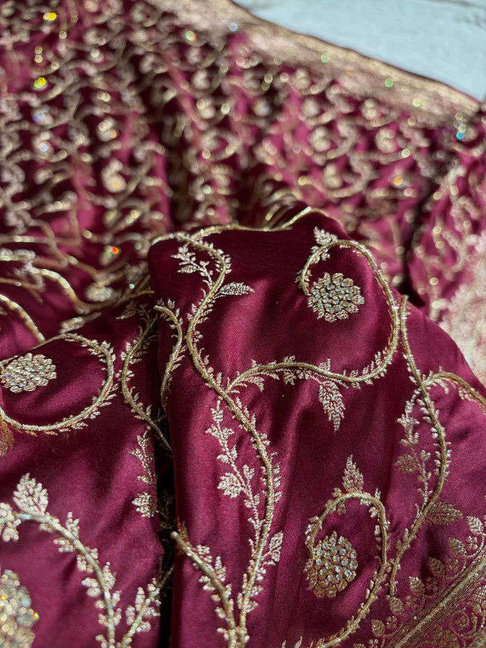 Banarasi Chocolate Shade Satin Katan Silk Saree with Swarovski & Zardozi Work