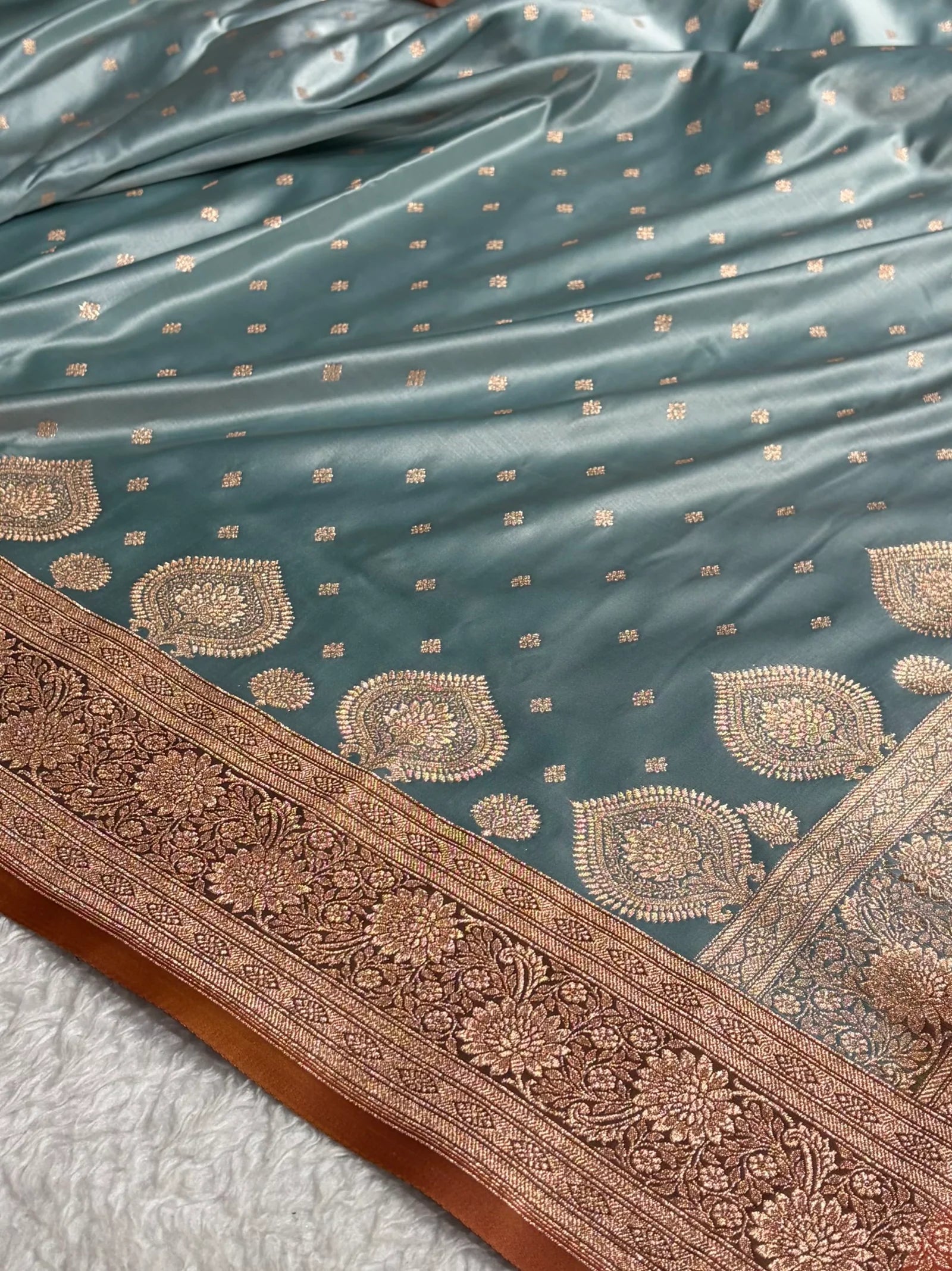 Luxury Satin Katan Silk Saree in Sea Green with Delicate Peach Booti